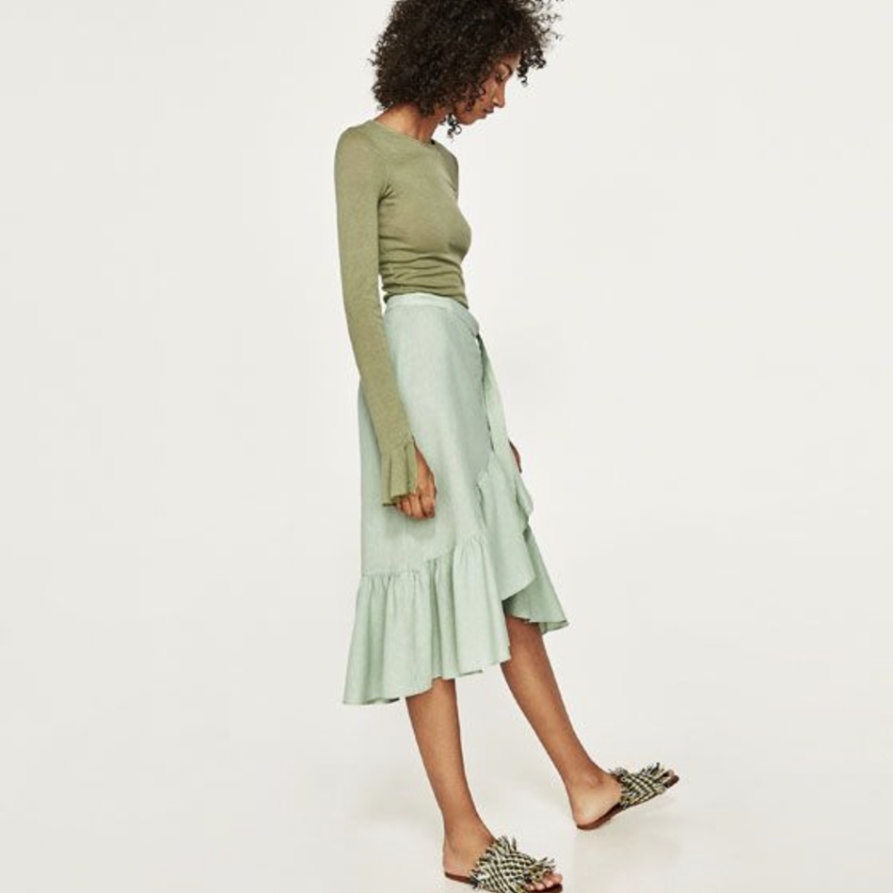 Zara Light Green Linen Ruffled Wrap Skirt - Picture 2 of 7